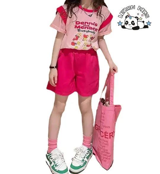 LEZONKIDS - 2024 High Quality summer cool casual hip hop cotton printed cute animal girls clothing sets